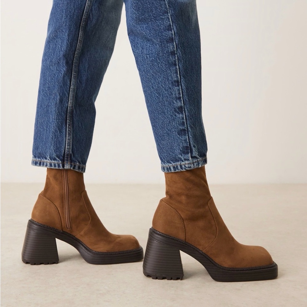 ASOS DESIGN Reign square toe mid-heel platform boots in mocha suedette